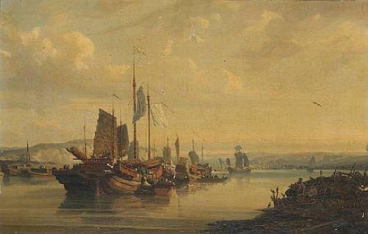 Auguste Borget A View of Junks on the Pearl River oil painting image